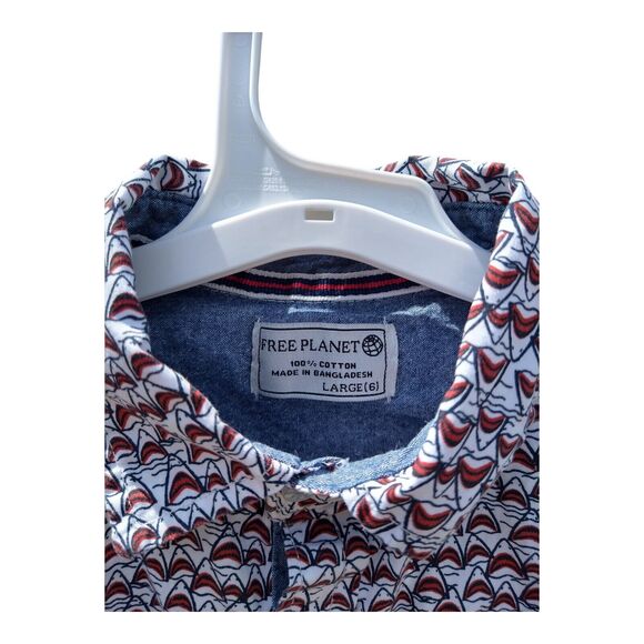 Boys Free Planet Shark Print Button Down Shirt Sz 6 White Palm Tree Short Sleeve - Picture 5 of 11
